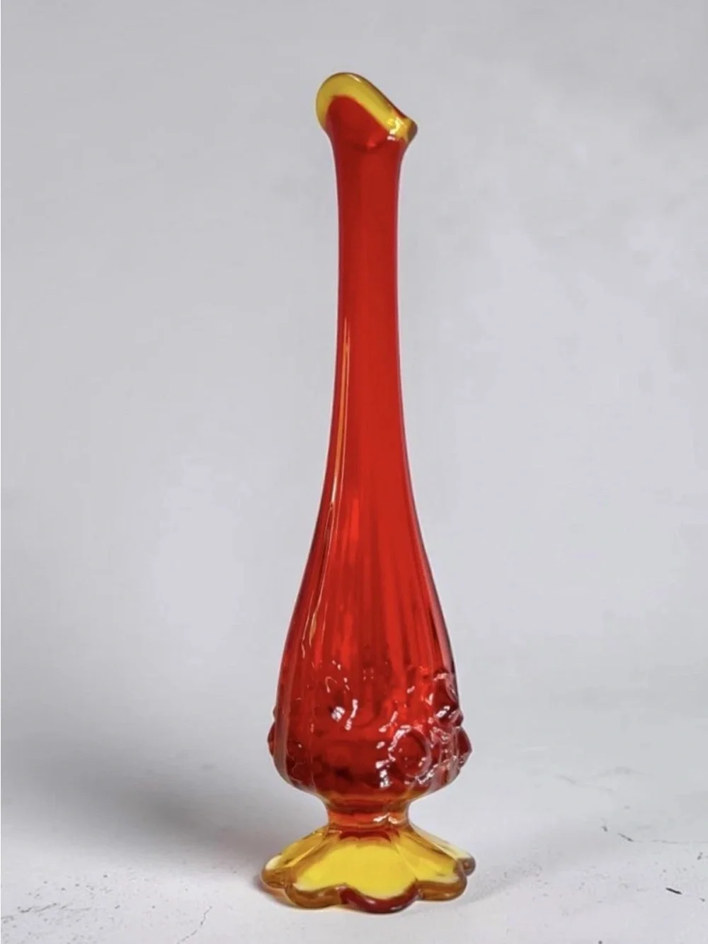Vintage Mid Century Amberina Swung Glass Vase MCM Orange Floral
